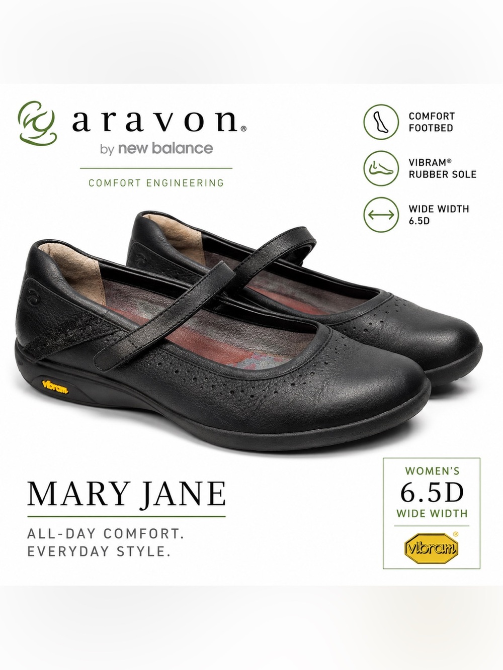Aravon by New Balance Black Leather Mary Jane Comfort Shoes Women 6.5D